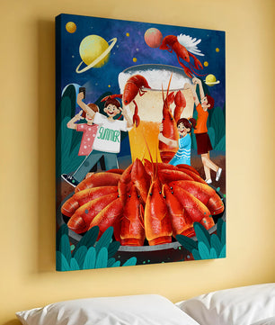 Ilustración de fantasía con langostas cósmicas y amigos disfrutando de un banquete de verano