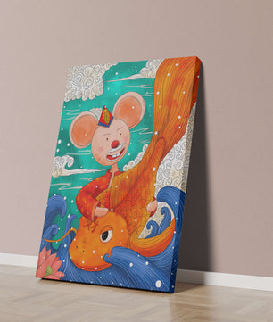 Whimsical illustration of a mouse riding a golden fish in a vibrant fantasy setting