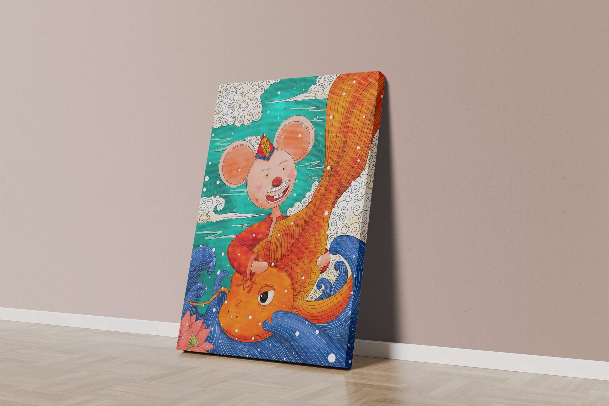Whimsical illustration of a mouse riding a golden fish in a vibrant fantasy setting