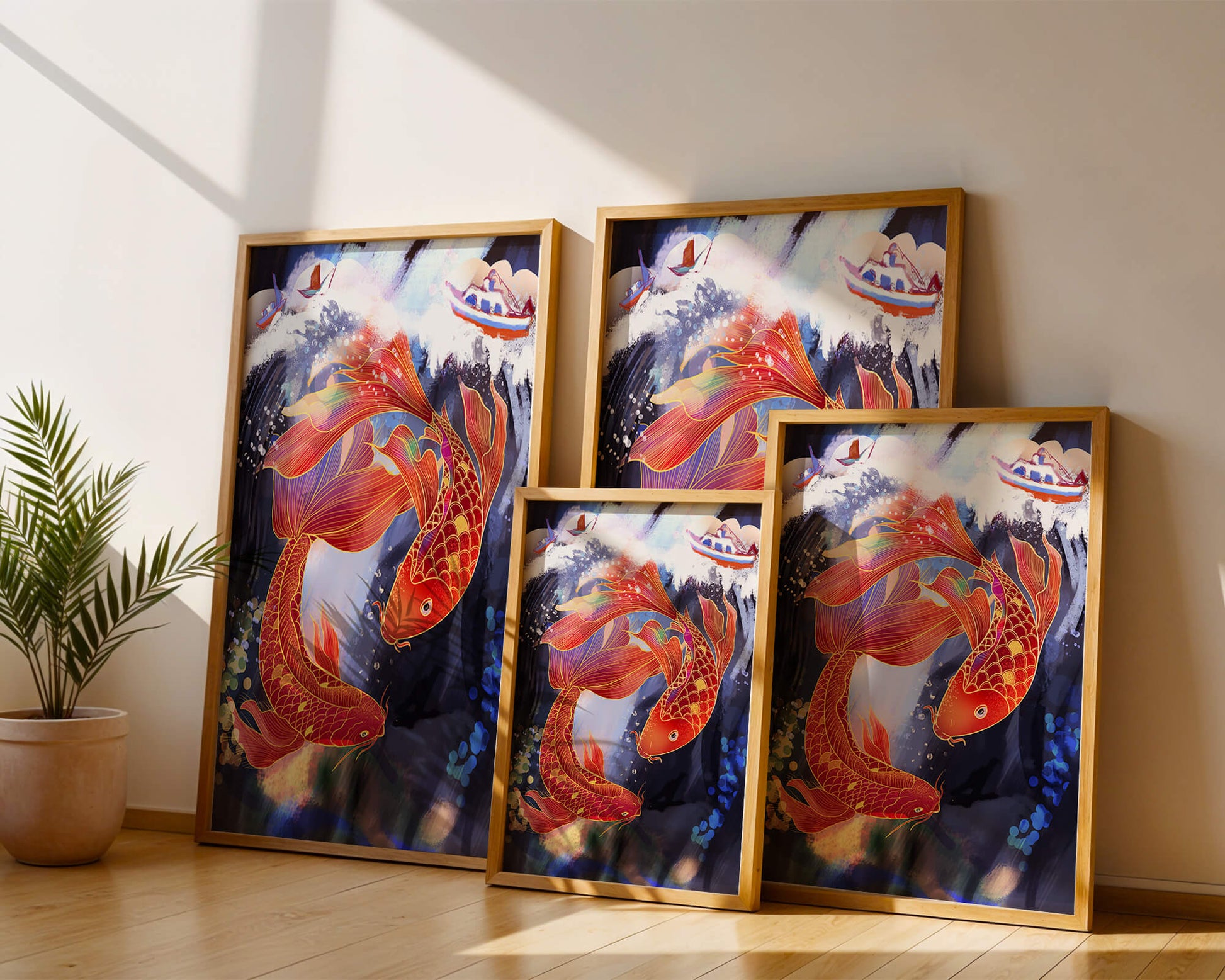 Representación artística de peces koi nadando con barcos en colores vibrantes.