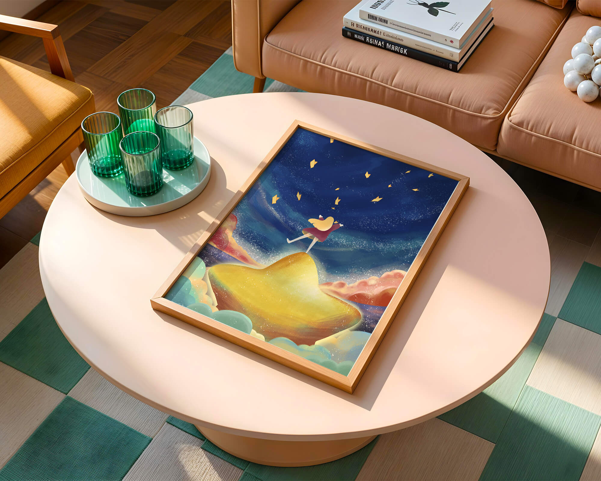 Girl standing on a golden hill reaching for stars in a dreamy night sky