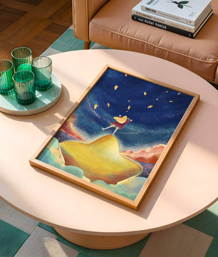 Girl standing on a golden hill reaching for stars in a dreamy night sky