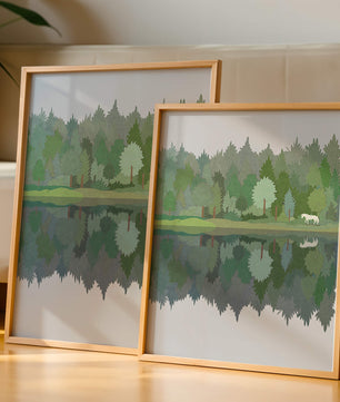 Forest landscape with a white horse and reflection in a tranquil pond