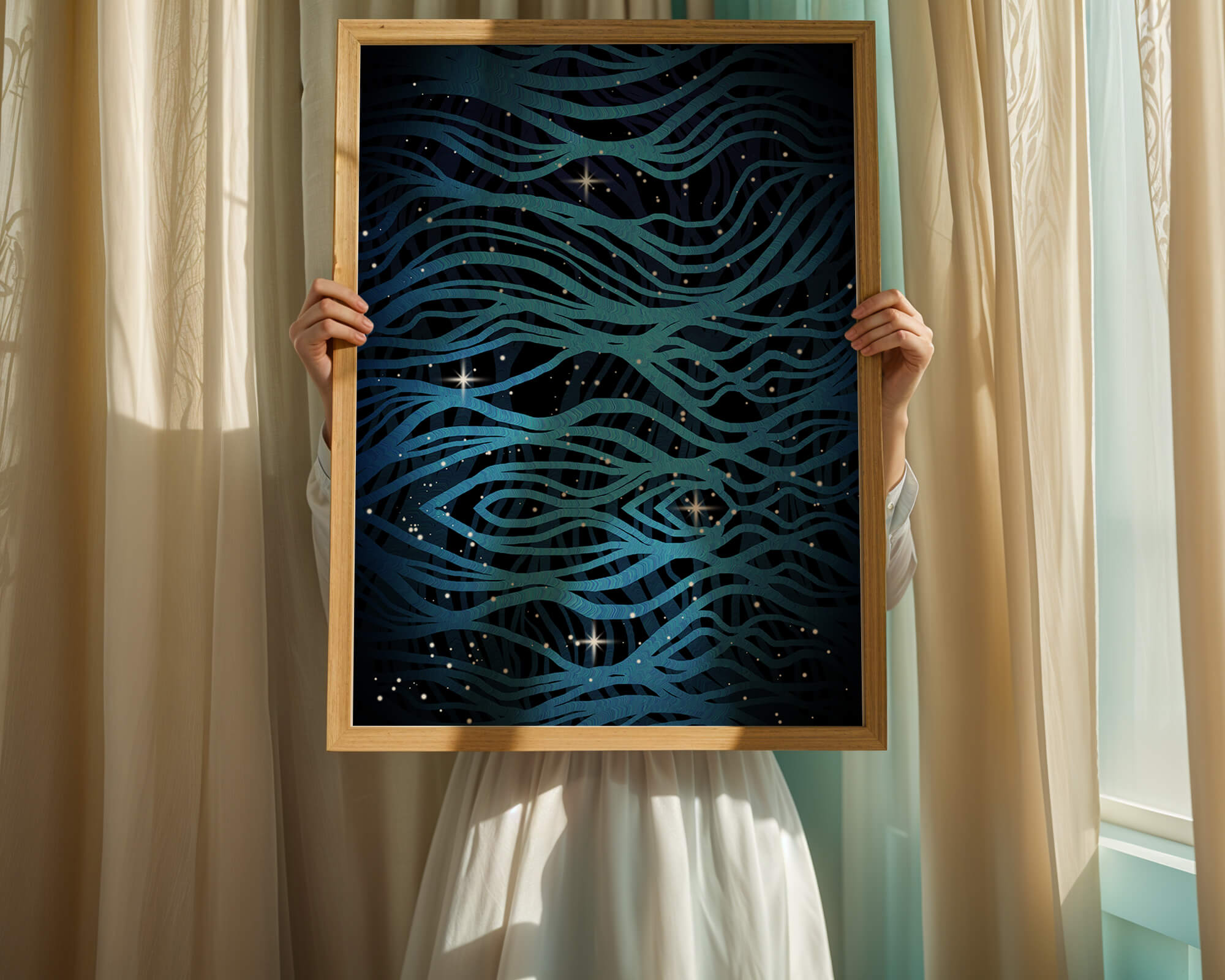 Abstract blue wave lines with starry night background