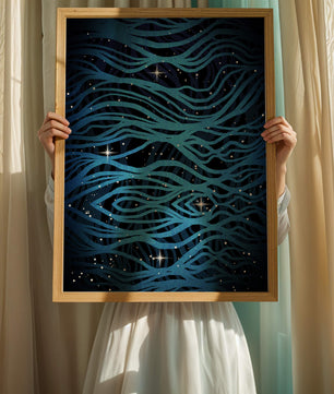 Abstract blue wave lines with starry night background