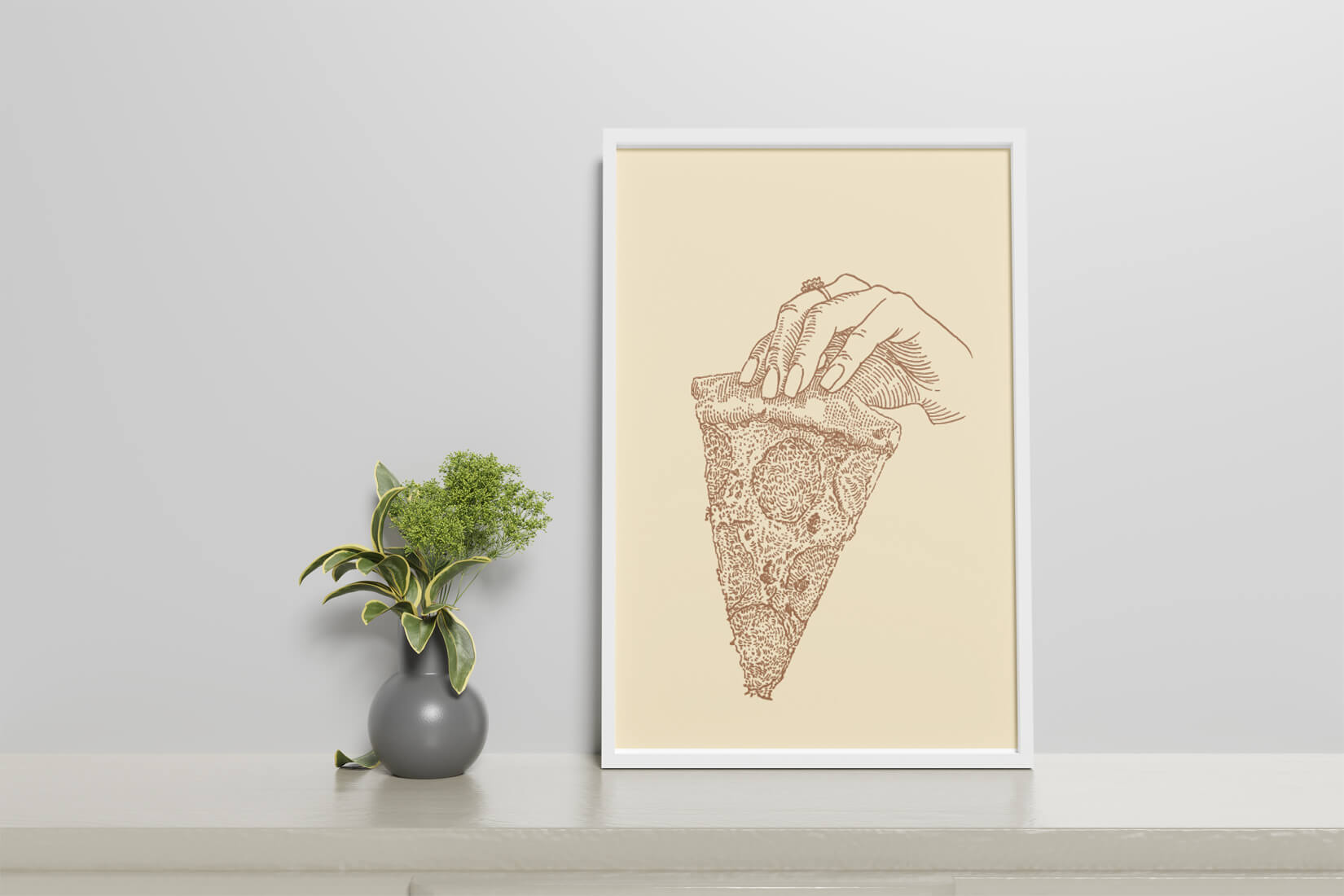 Hand holding a detailed vintage pizza slice illustration