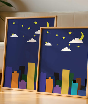 Night cityscape with colorful buildings and starry sky