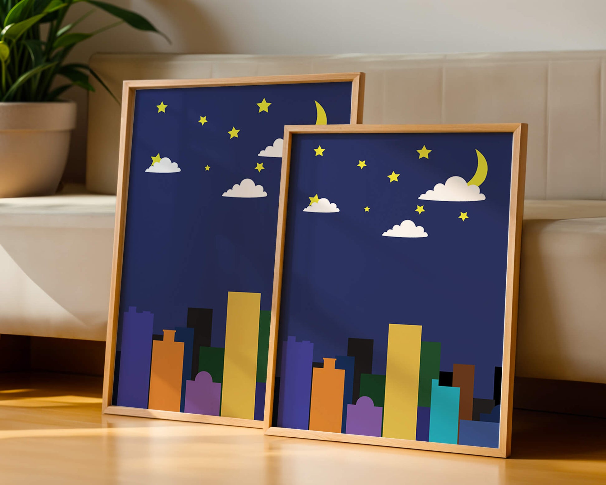 Night cityscape with colorful buildings and starry sky