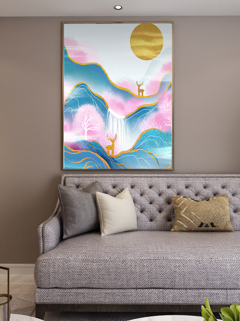 Golden deer in a pastel mountain landscape with pink skies