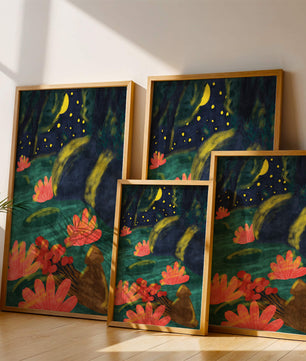 Mystical night garden with bright flowers and starlit sky