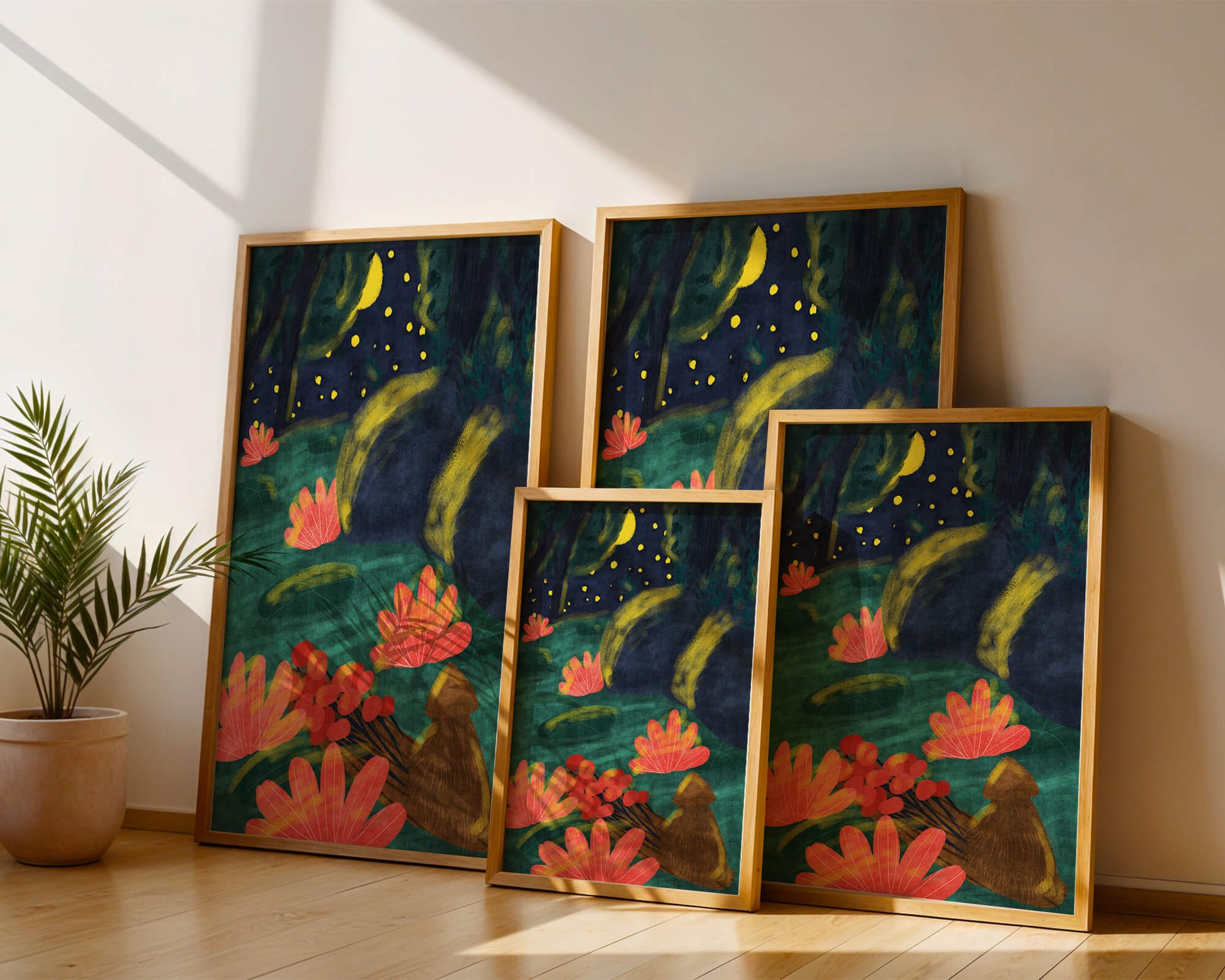 Mystical night garden with bright flowers and starlit sky