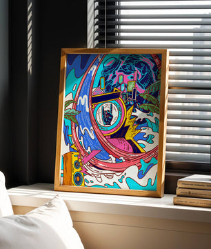 Vibrant abstract art with waves and neon elements