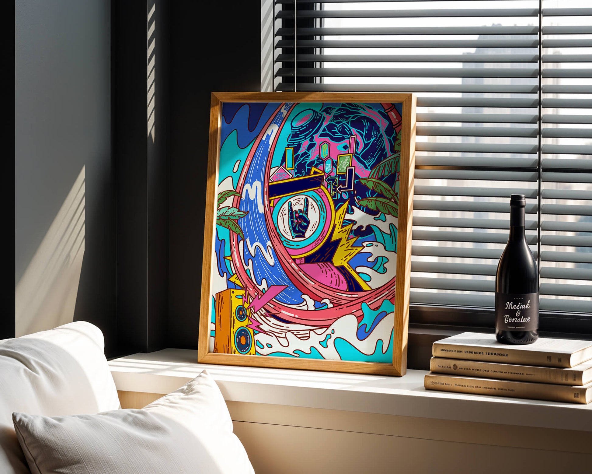 Vibrant abstract art with waves and neon elements