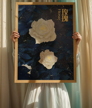 Elegant white roses on a celestial night background with deep blue leaves