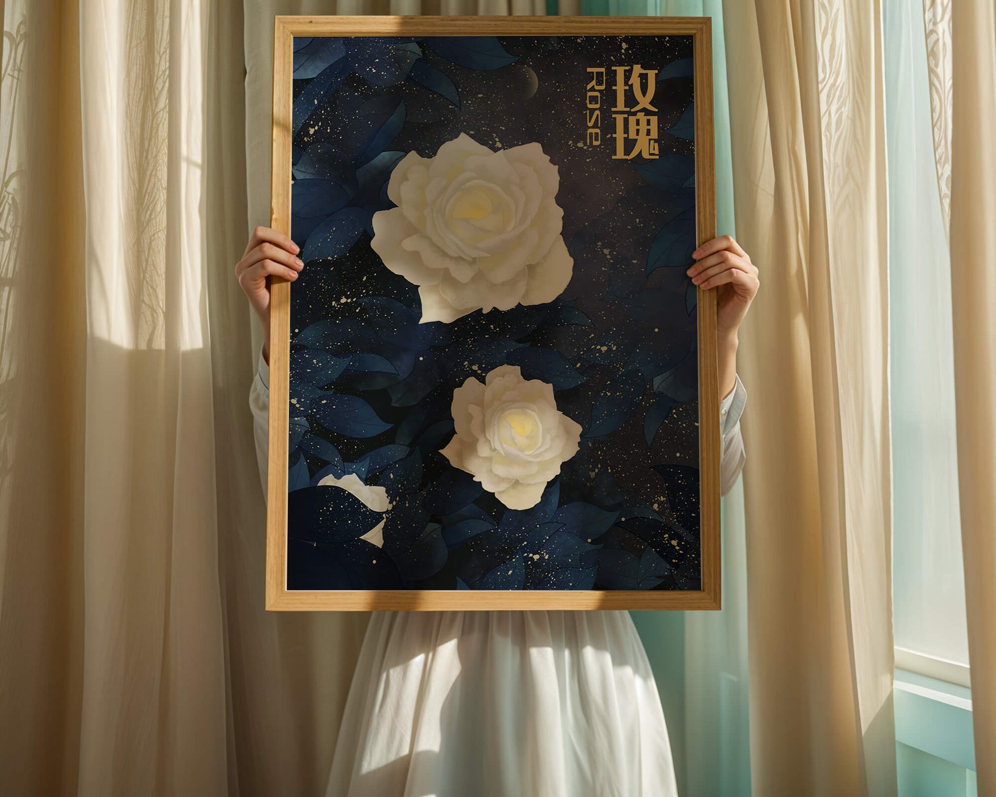 Elegant white roses on a celestial night background with deep blue leaves
