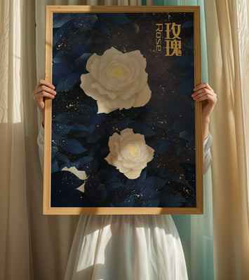 Elegant white roses on a celestial night background with deep blue leaves