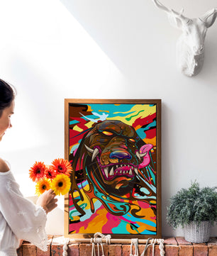 Cabeza de león abstracta y colorida con remolinos vibrantes