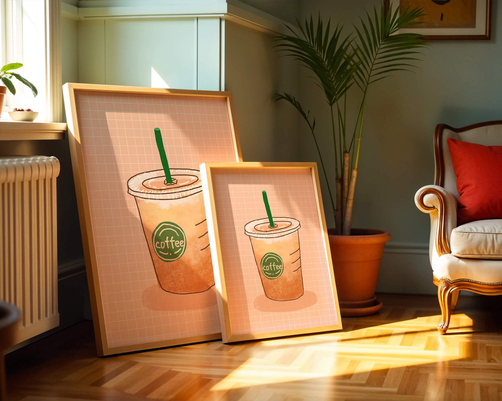 Illustrated iced coffee cup on peach grid background