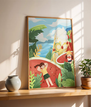 Paysage estival coloré avec des fruits tropicaux et des enfants qui se détendent