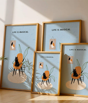 Charming Cat Relaxing on a Chair with Inspirational Quote and Art