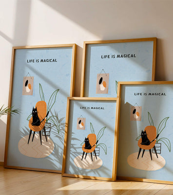 Charming Cat Relaxing on a Chair with Inspirational Quote and Art