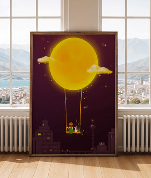 Whimsical night scene with a girl and a rabbit on a swing beneath a glowing moon
