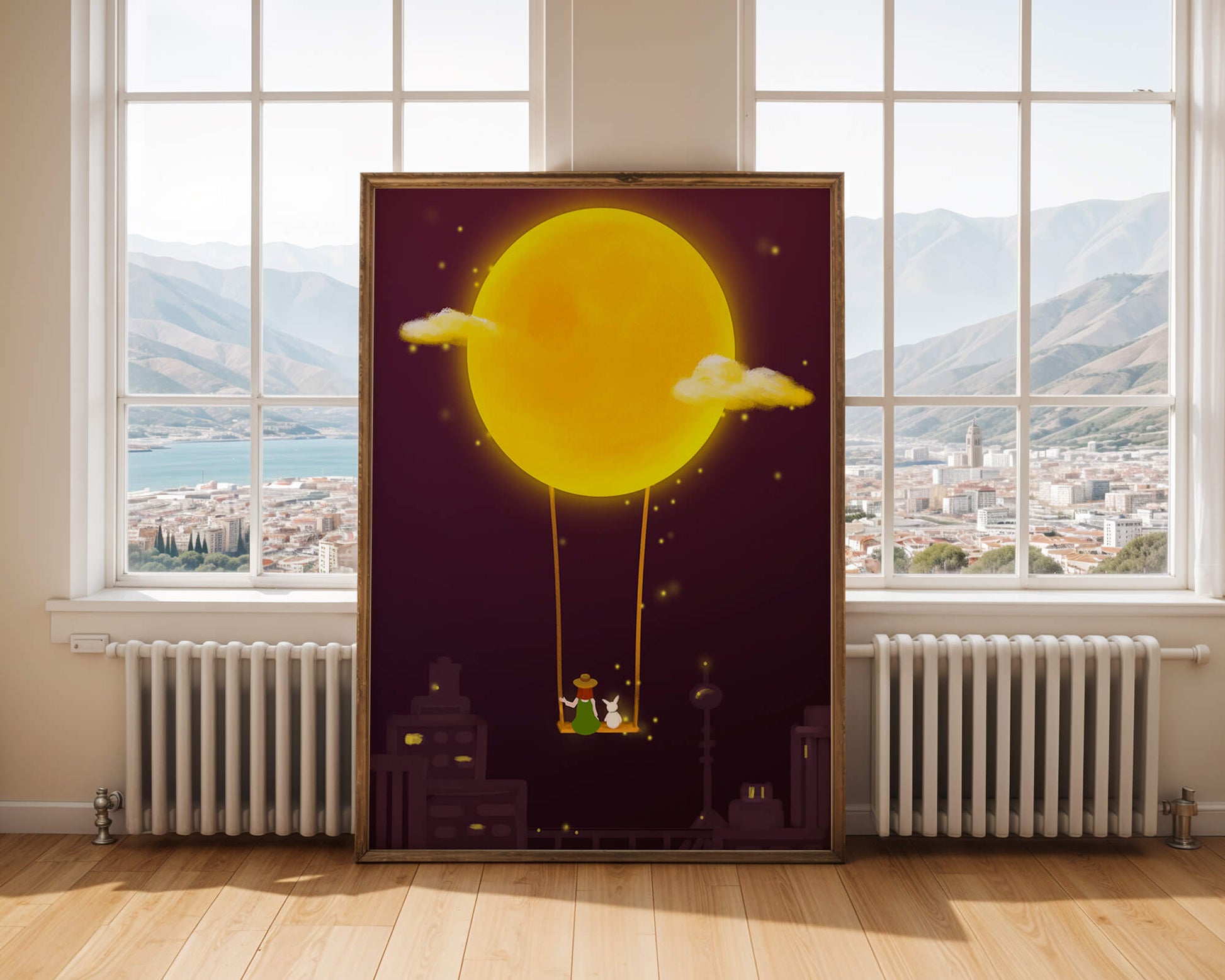 Whimsical night scene with a girl and a rabbit on a swing beneath a glowing moon