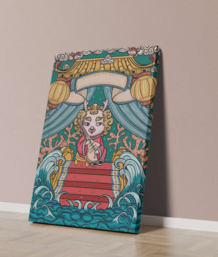Illustration of a whimsical animal playing a stringed instrument in a fantastical setting