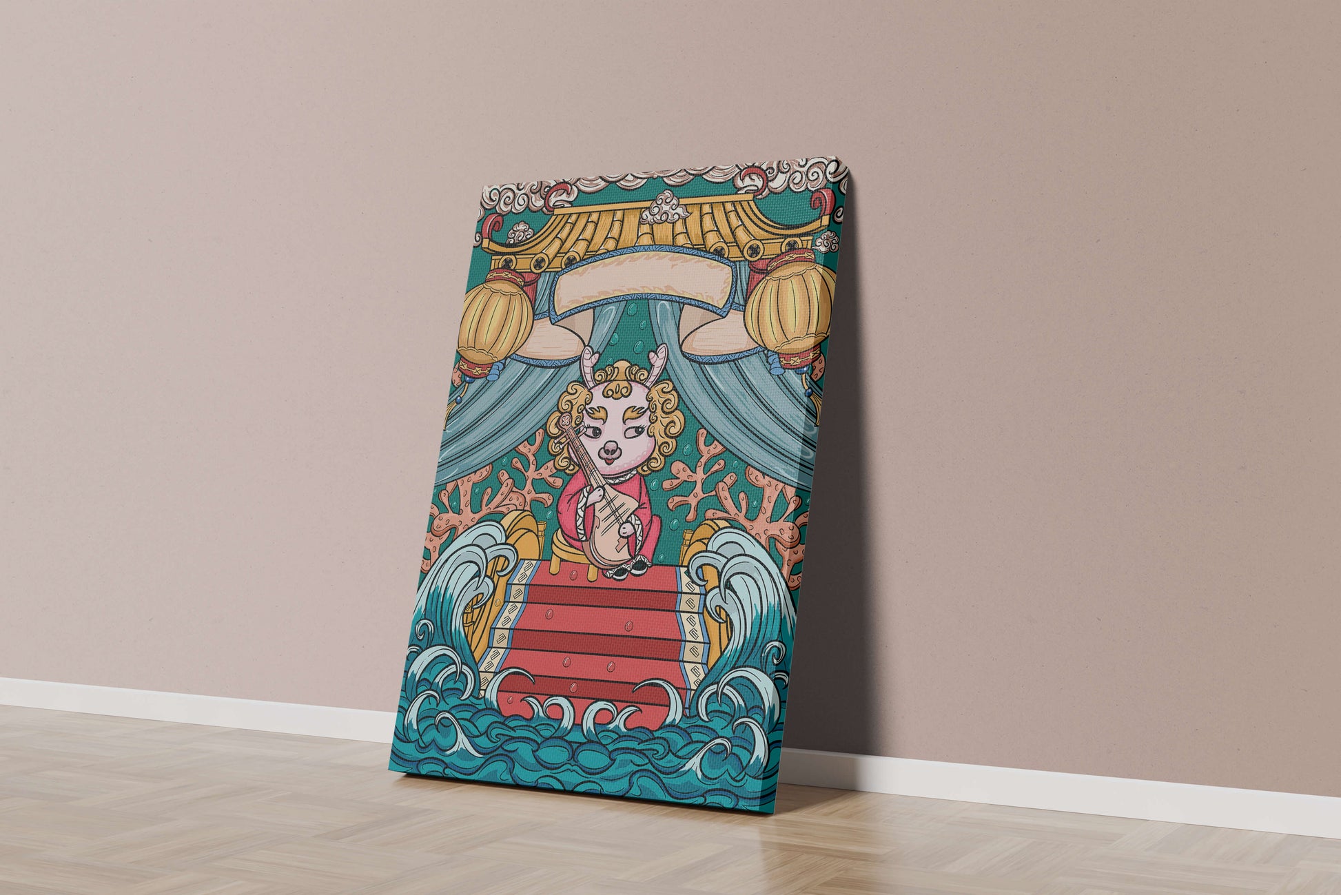 Illustration of a whimsical animal playing a stringed instrument in a fantastical setting