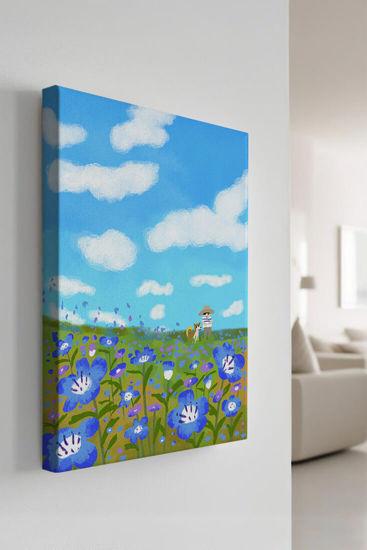 Man and dog in vibrant flower meadow under blue sky