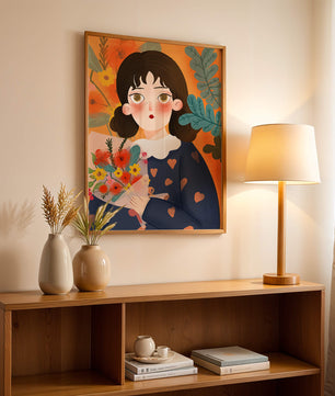 Ilustración encantadora de una chica con flores y corazones