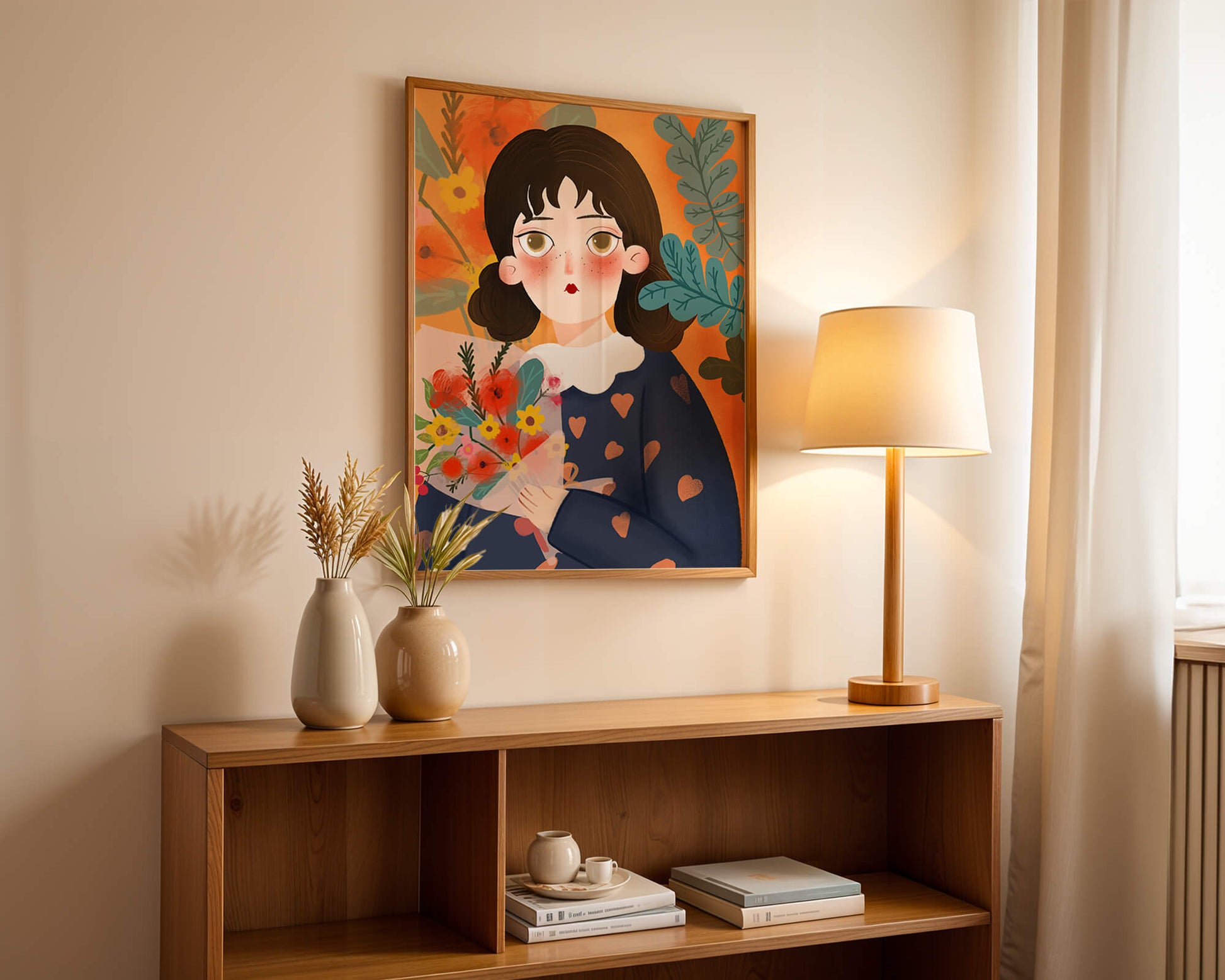 Ilustración encantadora de una chica con flores y corazones