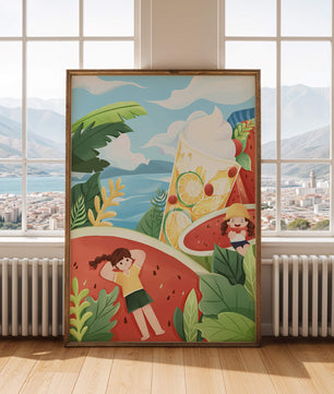 Paysage estival coloré avec des fruits tropicaux et des enfants qui se détendent