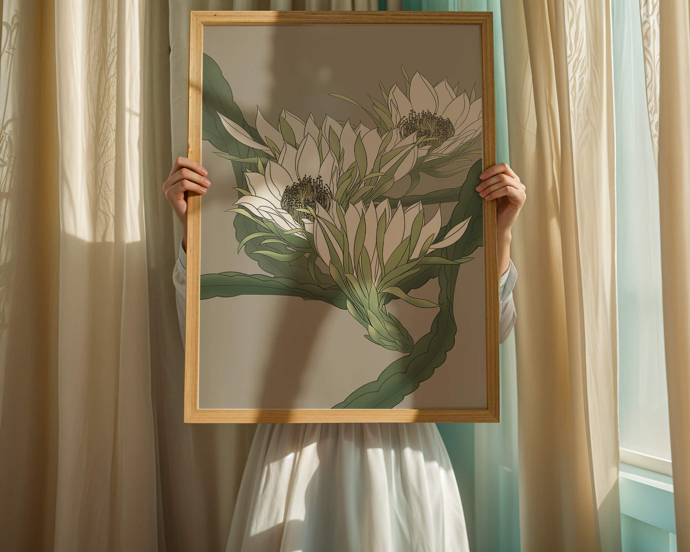 Beautiful botanical illustration of white blooming flowers with green leaves