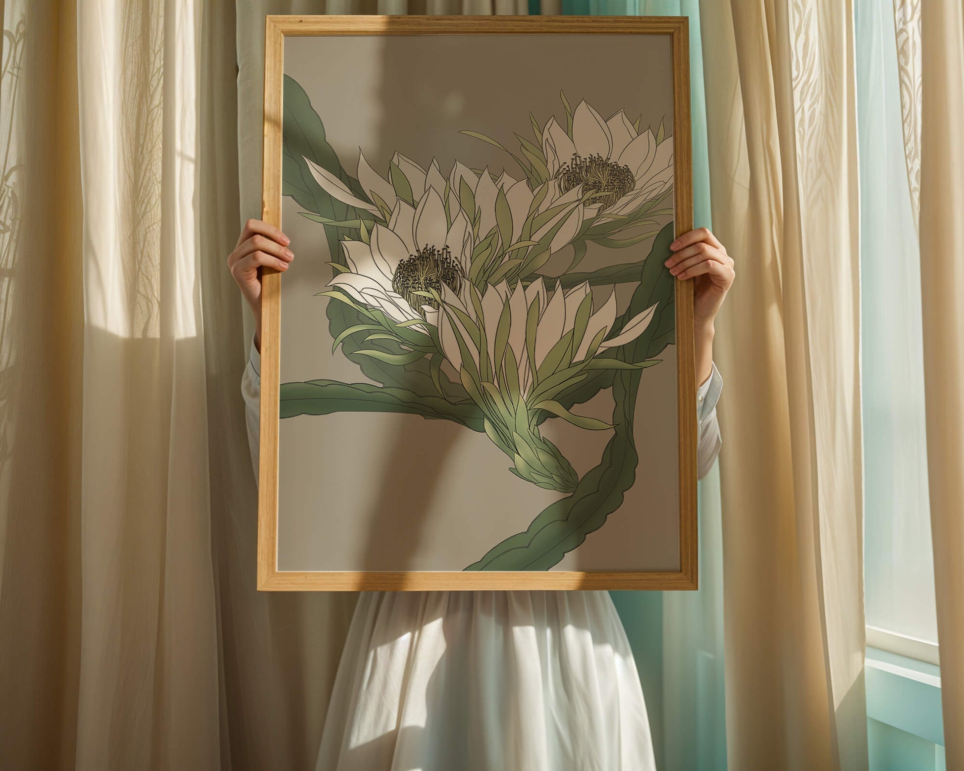 Beautiful botanical illustration of white blooming flowers with green leaves