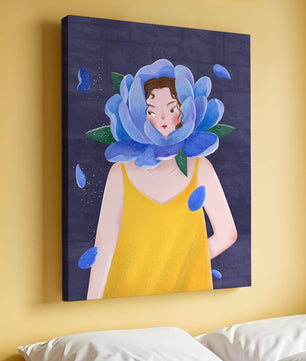 Illustration of woman with blue flower head and yellow dress