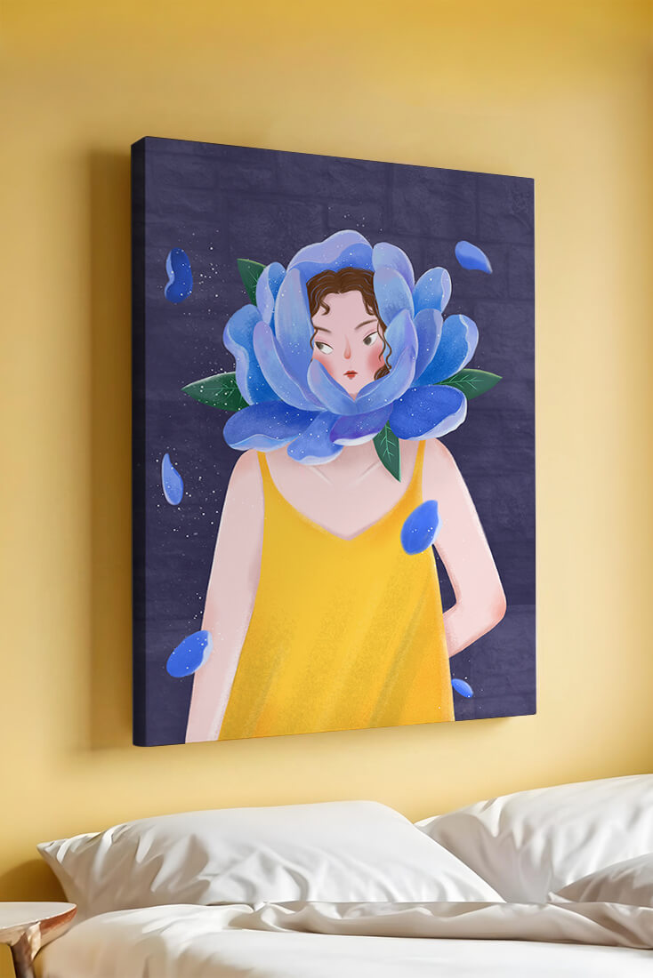 Illustration of woman with blue flower head and yellow dress