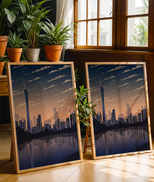 Skyline der Stadt bei Sonnenuntergang mit futuristischem Touch und Wasserspiegelung