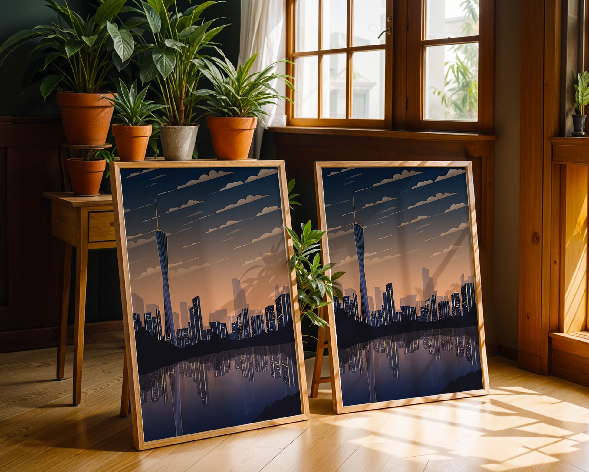 Skyline der Stadt bei Sonnenuntergang mit futuristischem Touch und Wasserspiegelung