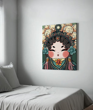 Ilustración encantadora de una muñeca china tradicional con tocado floral