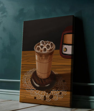 Escena de café vintage con café helado y radio retro