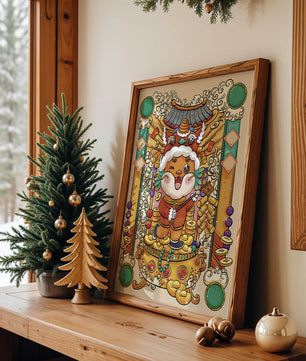 Bunte Illustration eines niedlichen Tieres in traditioneller Festtagskleidung mit goldenen Elementen