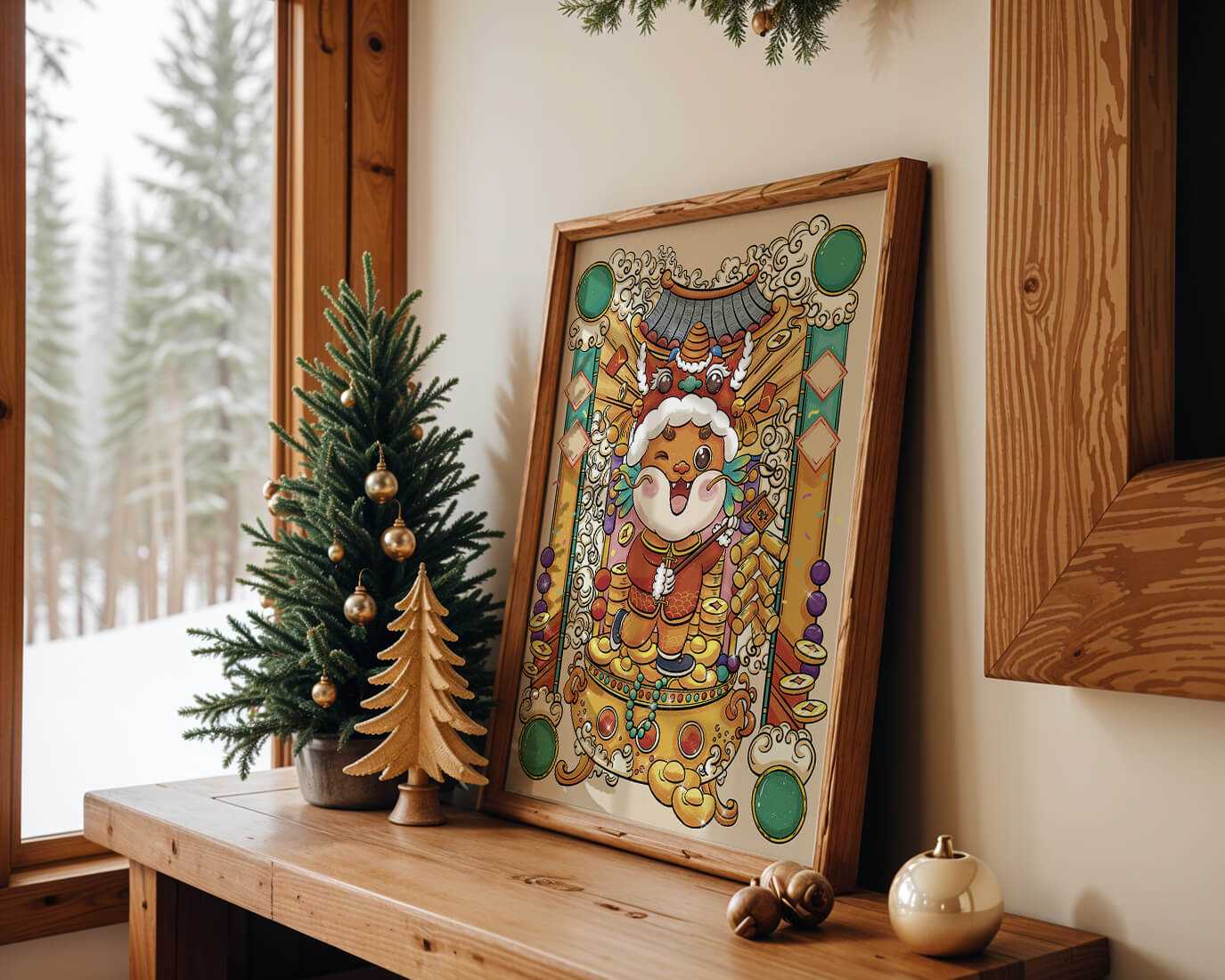 Ilustración colorida de un animal lindo en atuendo festivo tradicional con elementos dorados