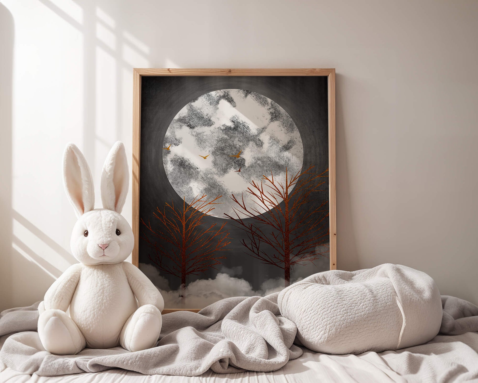 Surreal Night Scene with Trees and Golden Birds in Moonlight