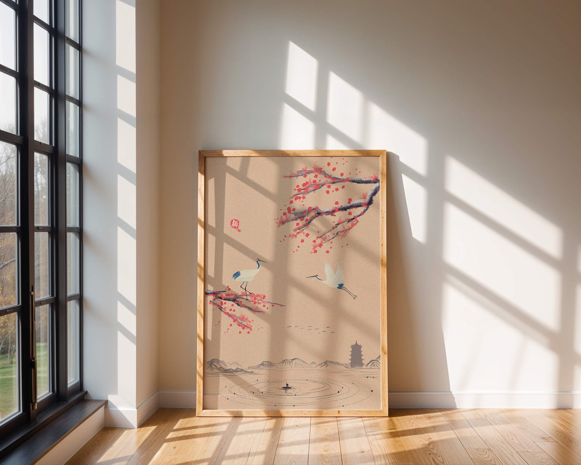 Elegant Asian landscape with cranes and cherry blossom branches