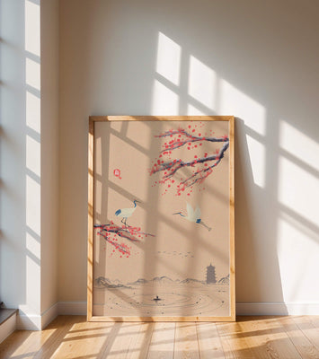 Elegant Asian landscape with cranes and cherry blossom branches