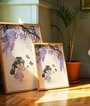 Charmante Illustration eines kleinen Mädchens mit Schmetterlingen und Glyzinienblüten