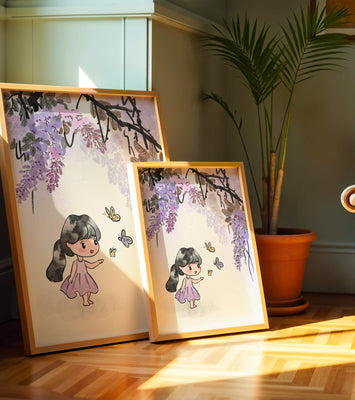 Charming illustration of a little girl with butterflies and wisteria flowers