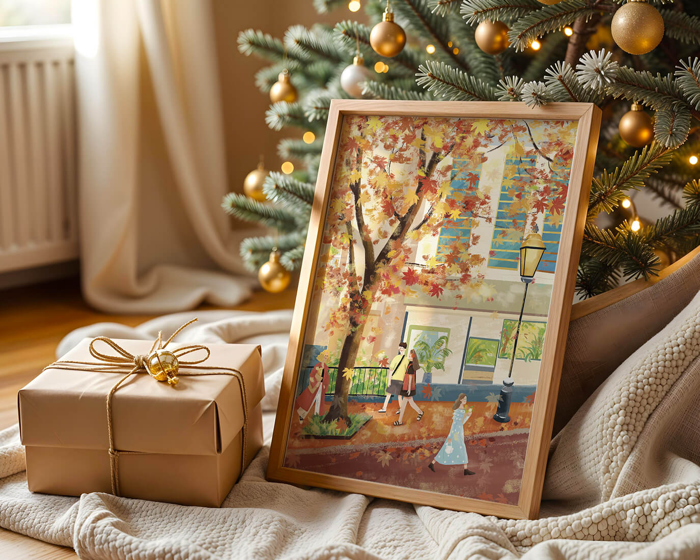 Calle de la ciudad en otoño con hojas coloridas y personas caminando