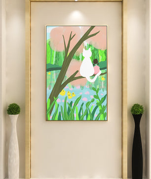 Encantadora ilustración al pastel de una niña y un gato junto a un estanque tranquilo